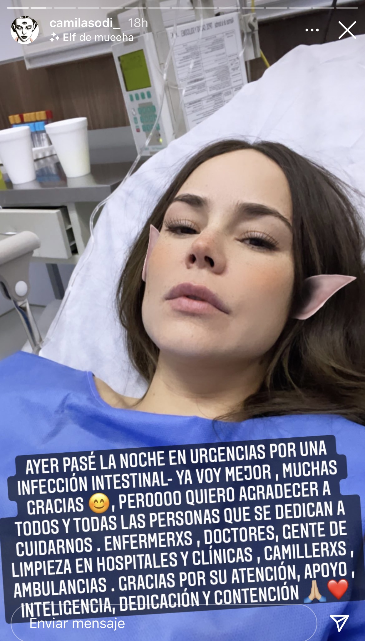 Camila Sodi preocupó a sus seguidores luego de publicar una fotografía desde el hospital. 