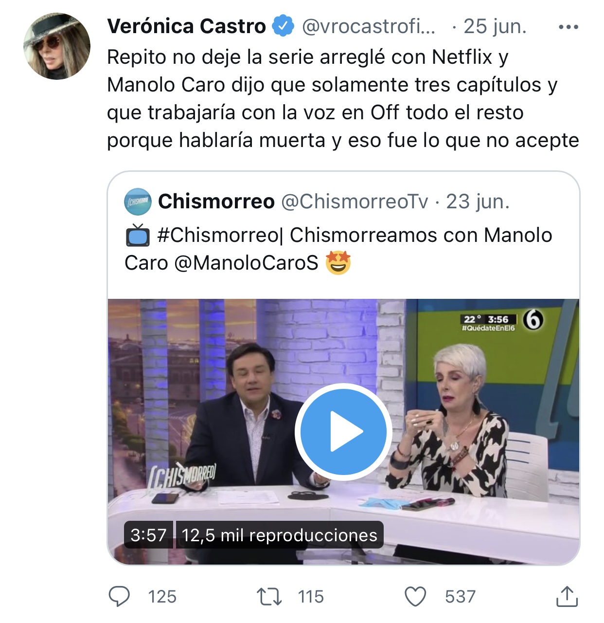 Verónica Castro revela por qué salió de La casa de las flores y llama mentiroso a Manolo Car