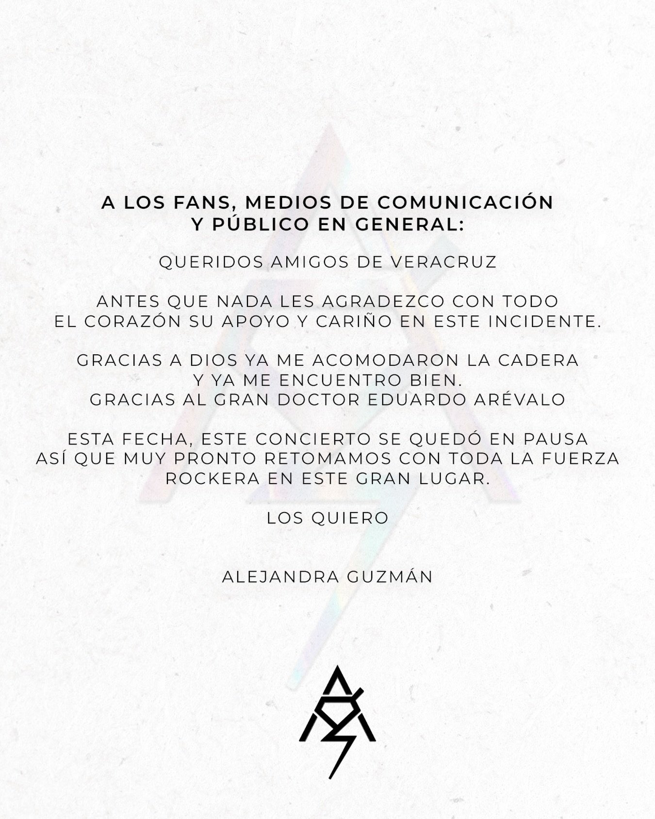 Comunicado oficial de Alejandra Guzmán tras el incidente de cadera en Veracruz