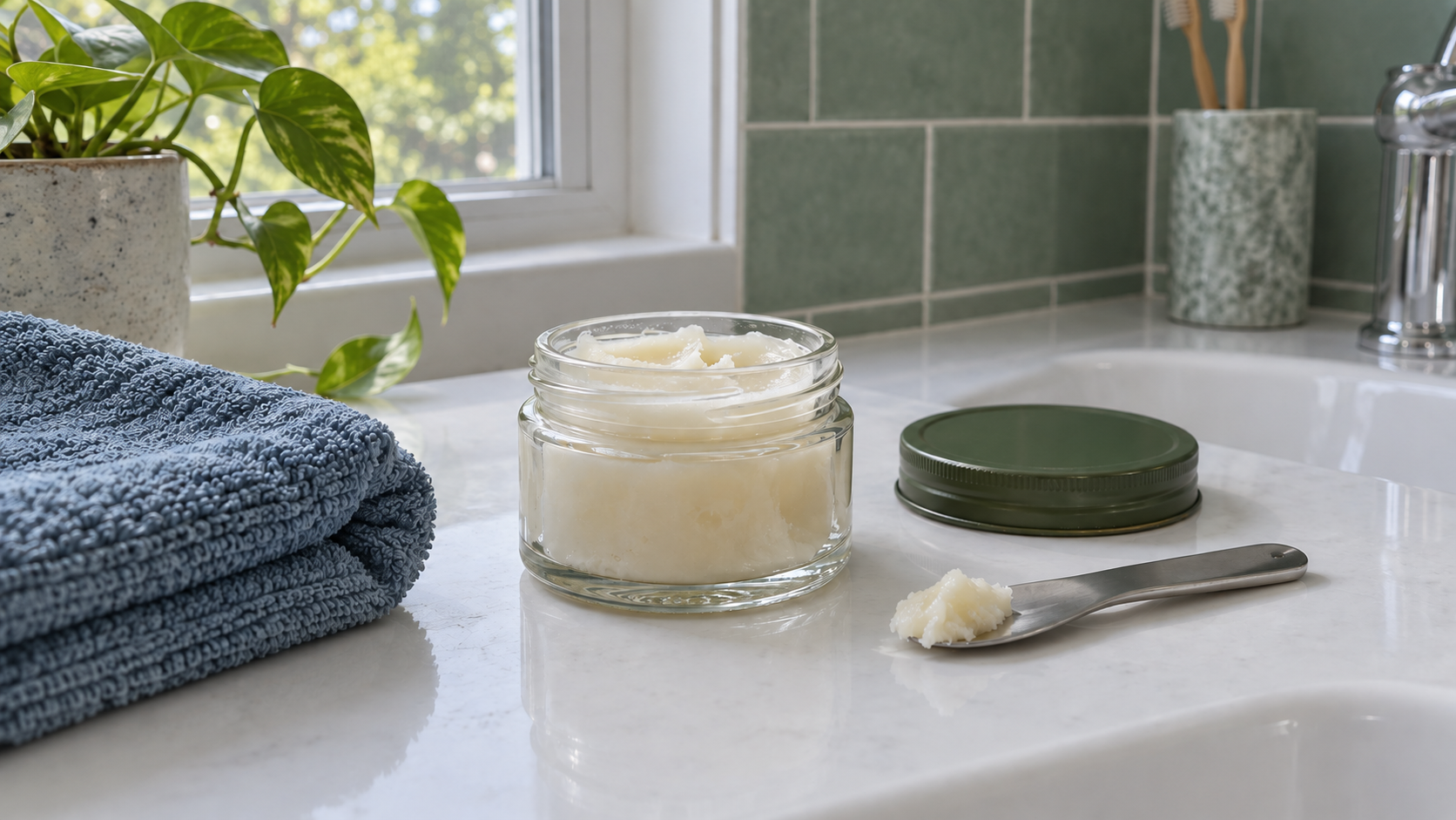 Bálsamo cosmético y accesorios de cuidado facial en colores vivos.