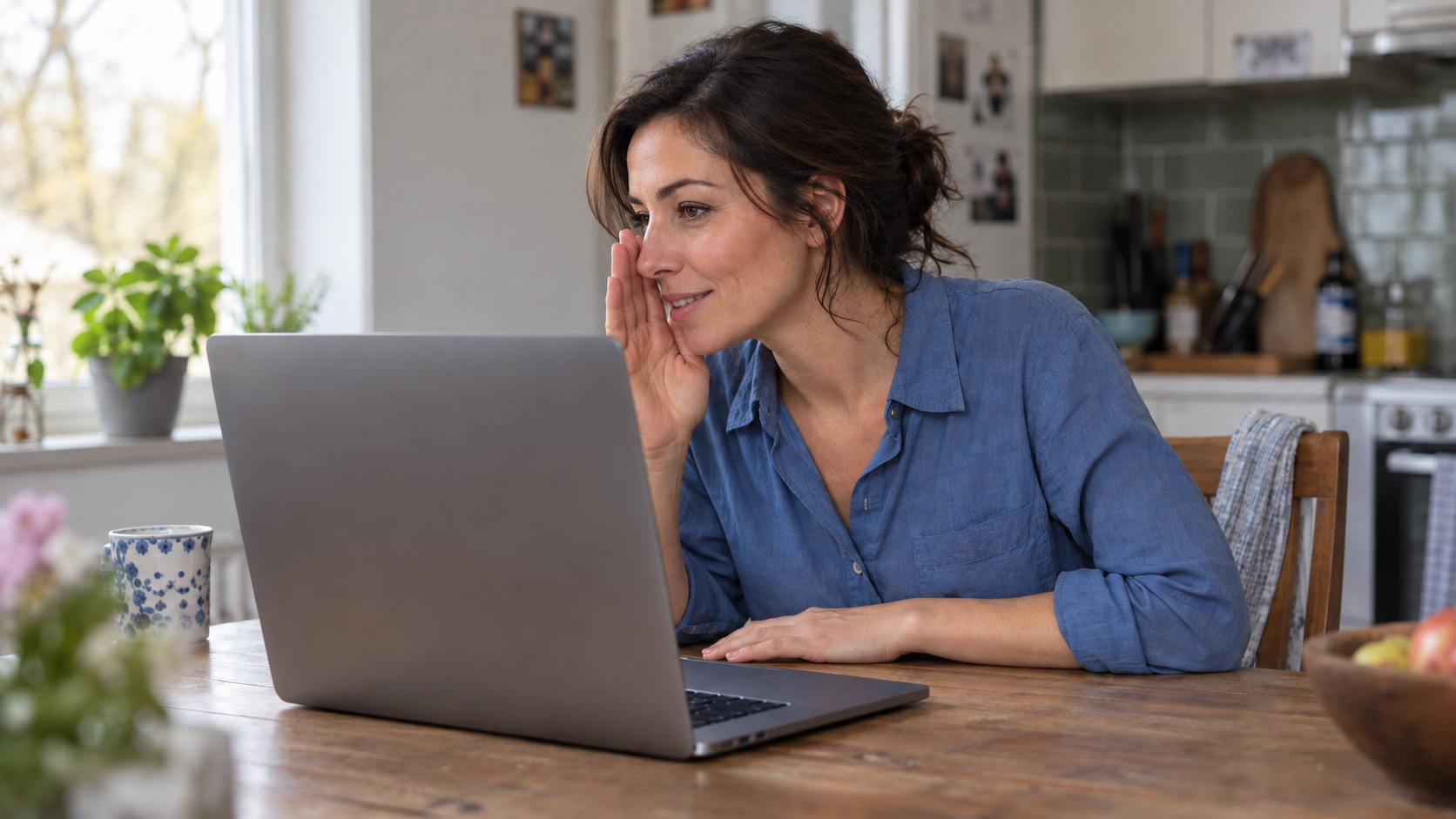 Una mujer se inclina hacia una computadora portátil como si le contara un secreto.