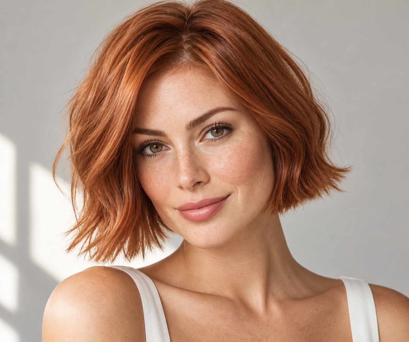 Mujer con corte bob cobrizo