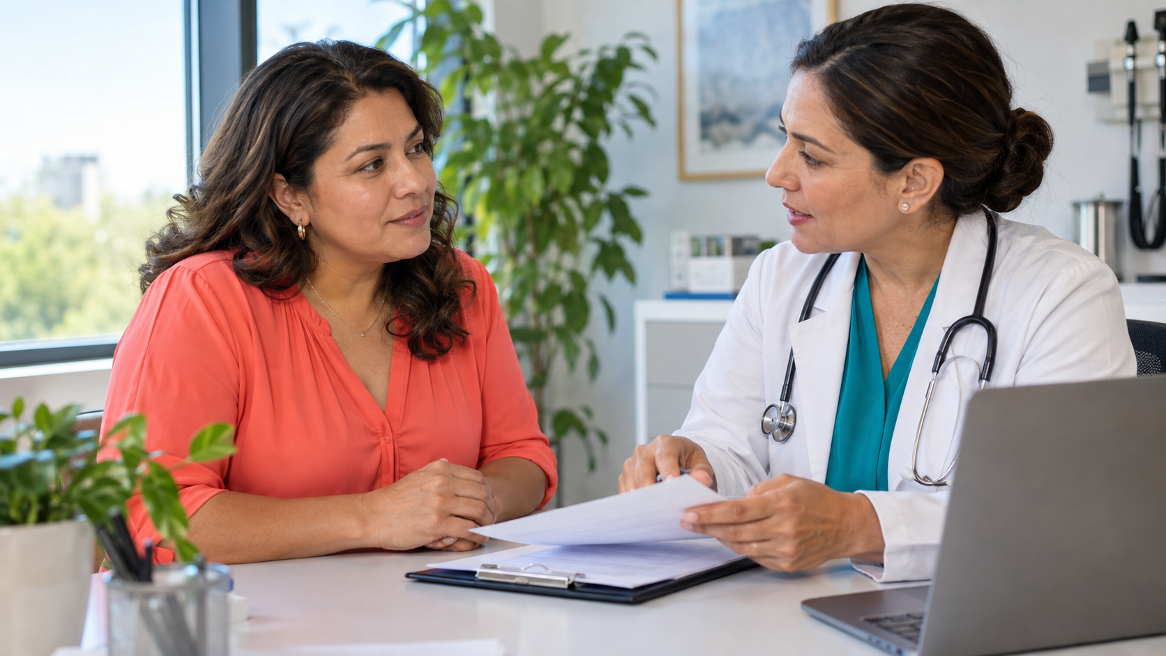 Una mujer conversa con una médica sobre su historial de salud.