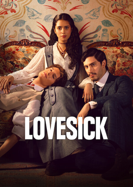 Póster internacional de Mal de amores con sus tres protagonistas en vestuario de época