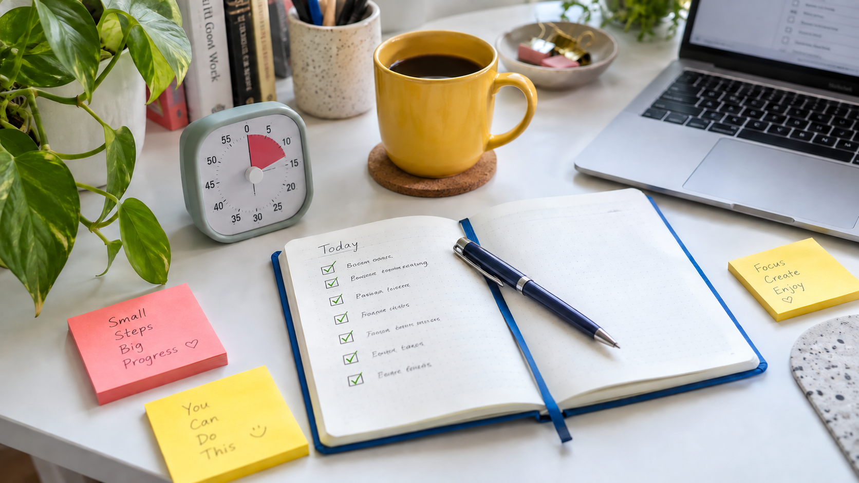 Lista de tareas en un cuaderno con checks verdes.