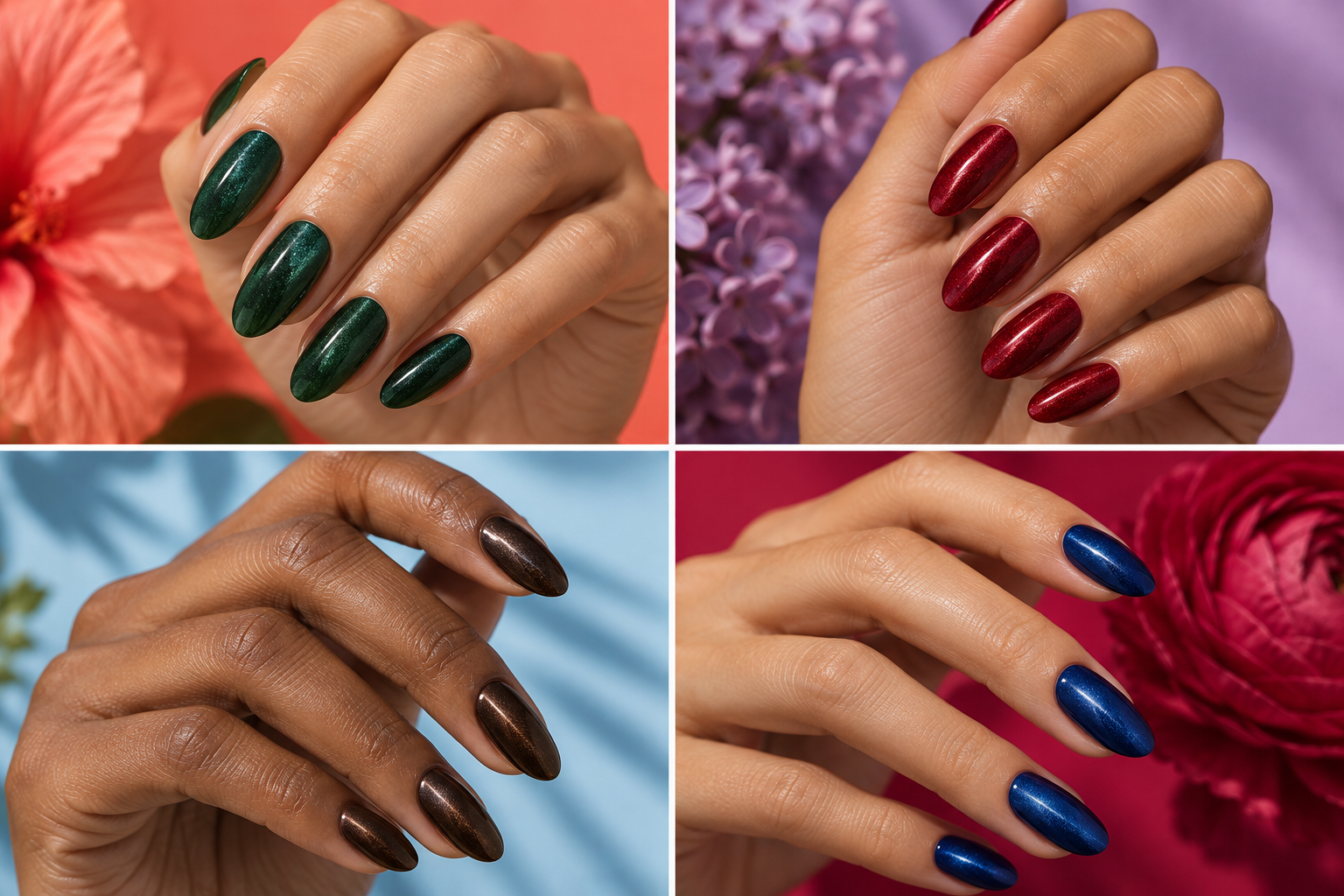 Manicuras velvet en verde bosque, rojo, café y azul.