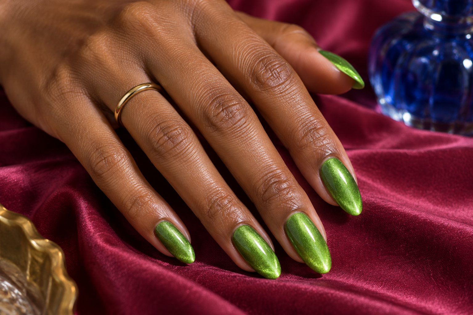 Uñas verde lima con acabado magnético aterciopelado.