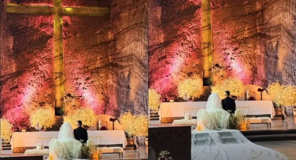 Luisa Fernanda W con su vestido de novia blanco de encaje en la boda